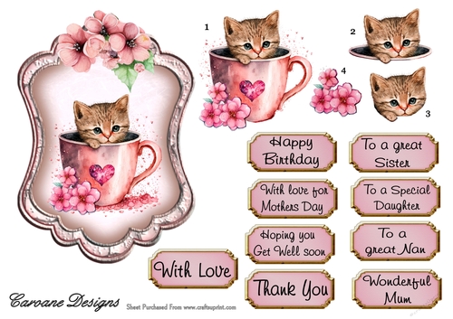 Kitties and Teacups 1 - 6x4 inch topper with decoupage 