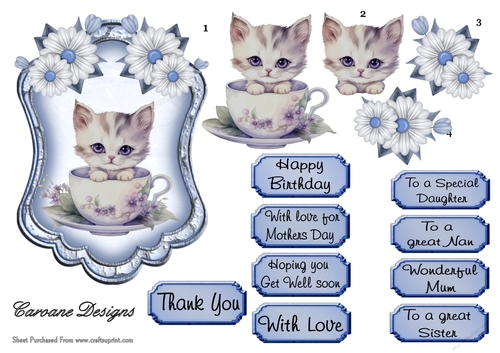 Kitties and Teacups 2 - 6x4 inch topper with decoupage 