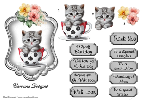 Kitties and Teacups 3 - 6x4 inch topper with decoupage 