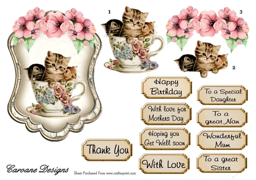 Kitties and Teacups 4 - 6x4 inch topper with decoupage 