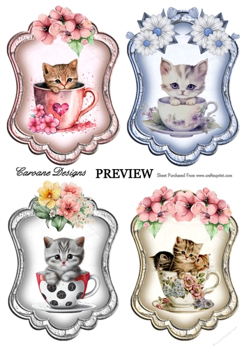 Kitties and Teacups Bumper Kit 22 - 10 sheets, Card fronts, decoupage, inserts, image sheet, and greeting boxes