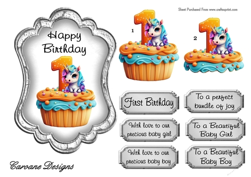 Unicorn Birthday 1 - 7X5 inch topper with decoupage  