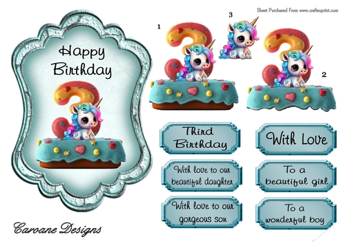 Unicorn Birthday 3 - 7X5 inch topper with decoupage  