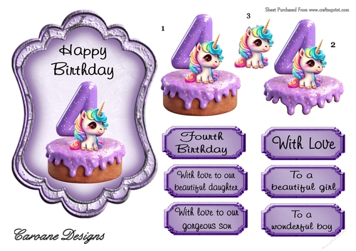 Unicorn Birthday 4 - 7X5 inch topper with decoupage  