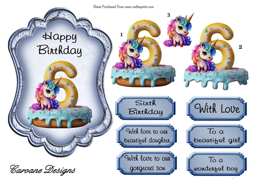Unicorn Birthday 6 - 7X5 inch topper with decoupage  