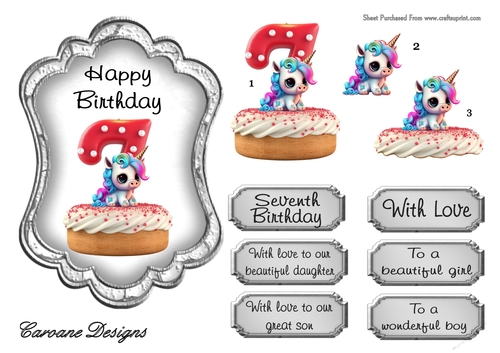 Unicorn Birthday 7 - 7X5 inch topper with decoupage  