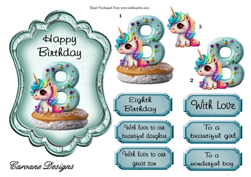 Unicorn Birthday 8 - 7X5 inch topper with decoupage  