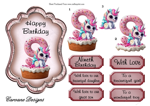 Unicorn Birthday 9 - 7X5 inch topper with decoupage  