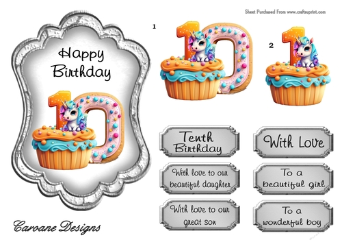 Unicorn Birthday 10 - 7X5 inch topper with decoupage  