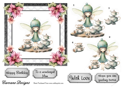 Tea With the Fairies 1 - 6x6 inch card front with decoupage