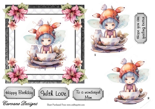 Tea With the Fairies 2 - 6x6 inch card front with decoupage