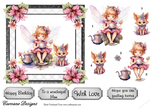 Tea With the Fairies 3 - 6x6 inch card front with decoupage