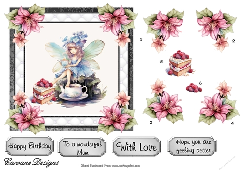 Fairy Tea and Cake - 6x6 inch card front with decoupage