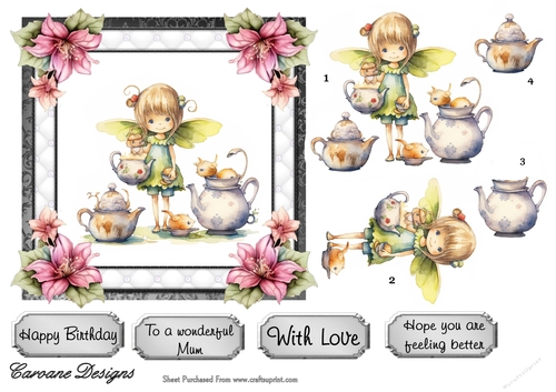 Fairy Tea Party - 6x6 inch card front with decoupage