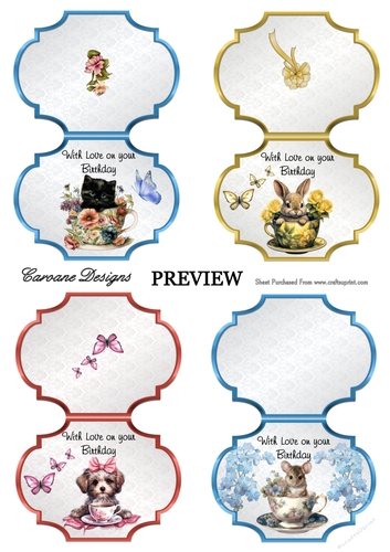 Furries in a Teacup - Shaped Card Bumper Kit 35 - 9 sheets, Card fronts, decoupage, inserts, and greeting boxes 