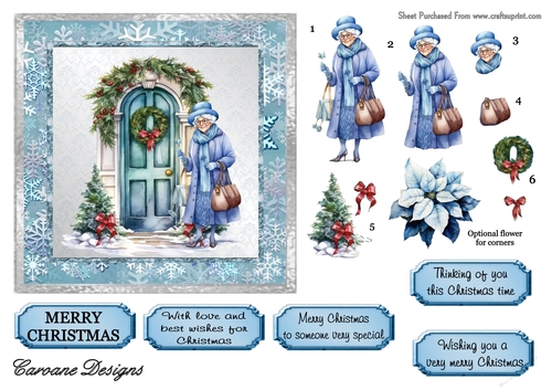 Blue Christmas 1 - 6x6 inch card front with decoupage