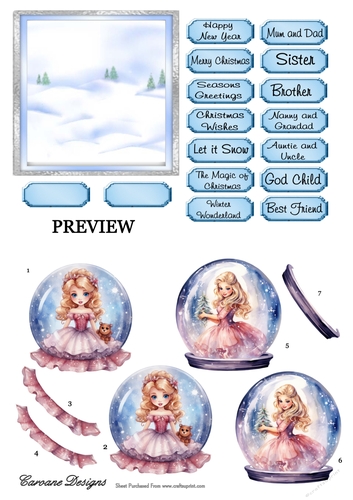 Princess Snowglobe 3 - 2 Page card kit.