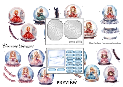 Princess Snowglobes Bumper Kit 44 - 10 sheets, Card fronts, decoupage, inserts, and greeting boxes 
