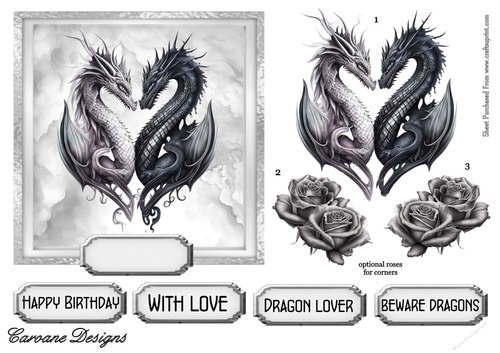 Black and White Dragons 1 - 6x6 inch card front with decoupage