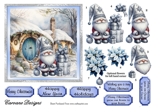 Christmas Gnomes 1 - 6x6 inch card front with decoupage