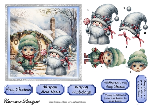 Christmas Gnomes 4 - 6x6 inch card front with decoupage