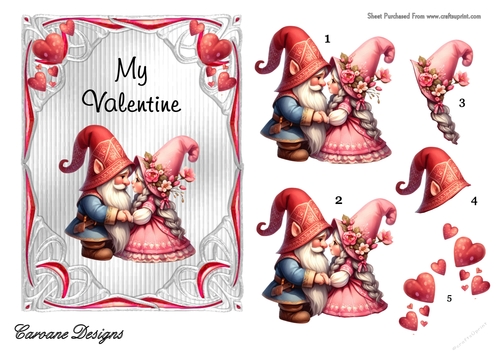 Valentine Gnomes Couples 2 - 7x5 inch card front with decoupage