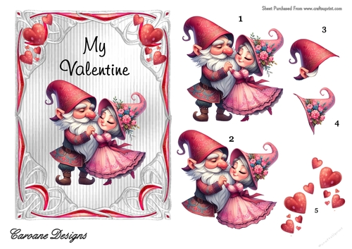 Valentine Gnomes Couples 3 - 7x5 inch card front with decoupage