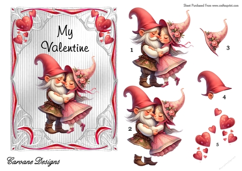 Valentine Gnomes Couples 4 - 7x5 inch card front with decoupage