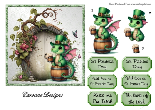St Patricks Day Dragons 2 - 6x6 inch card front with decoupage