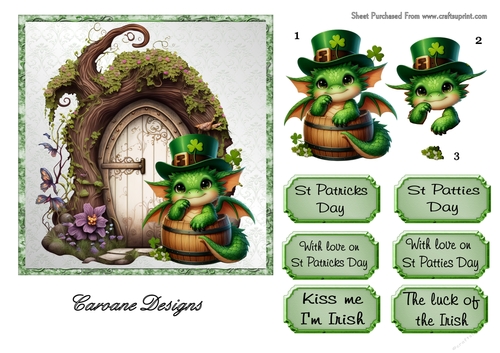 St Patricks Day Dragons 3 - 6x6 inch card front with decoupage