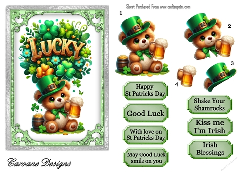 St Patricks Day Teddy 1 - 7x5 inch card front with decoupage