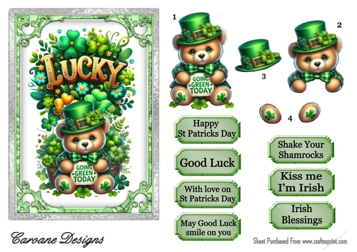 St Patricks Day Teddy 2 - 7x5 inch card front with decoupage