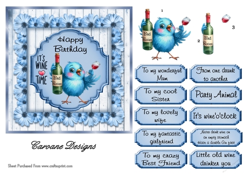 Boozy Birds 3 - 6x6 inch card front with decoupage  