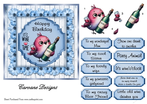 Boozy Birds 4 - 6x6 inch card front with decoupage  