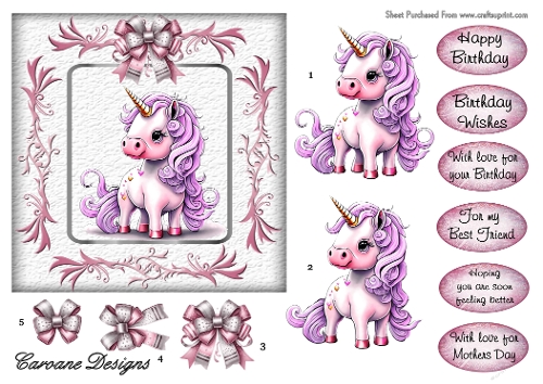 Little Pink Unicorn - 6x6 inch card front with decoupage  