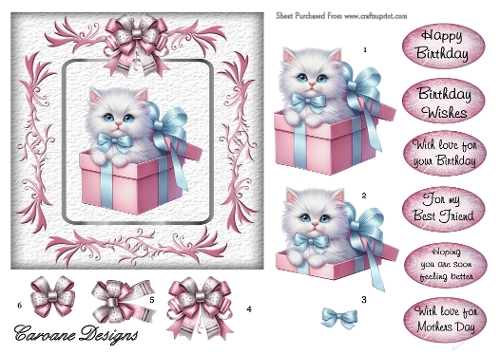 Kitty in a box - 6x6 inch card front with decoupage  