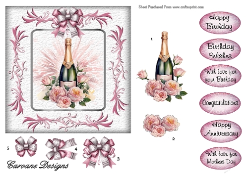 Champers and Roses - 6x6 inch card front with decoupage  