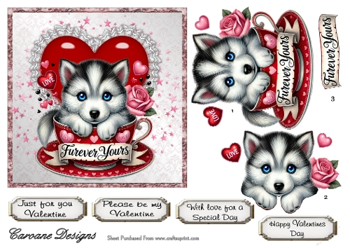 Valentine Pups 2 - 6x6 inch card front with decoupage  