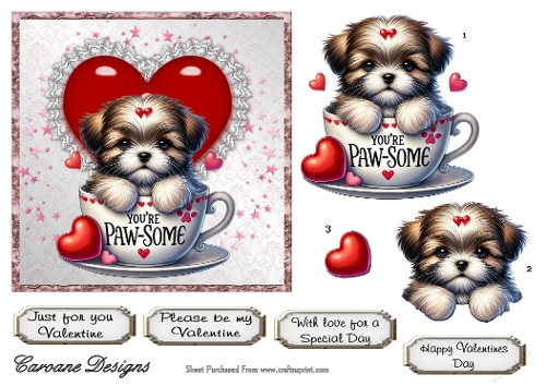 Valentine Pups 4 - 6x6 inch card front with decoupage  