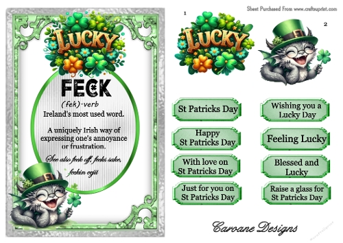 St Patricks Day 6 - Feck - A5 inch card front with decoupage  