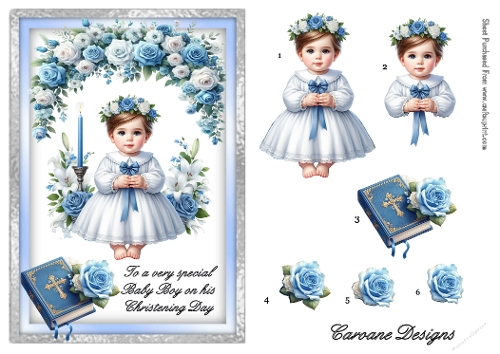 Christening - Baby Boy 1 - A5 inch card front with decoupage  