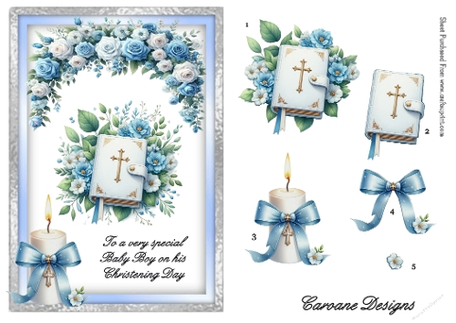 Christening - Baby Boy 3 - A5 inch card front with decoupage  