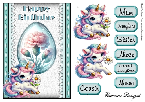 Unicorns and Flowers 1 - A5 inch card front with decoupage  