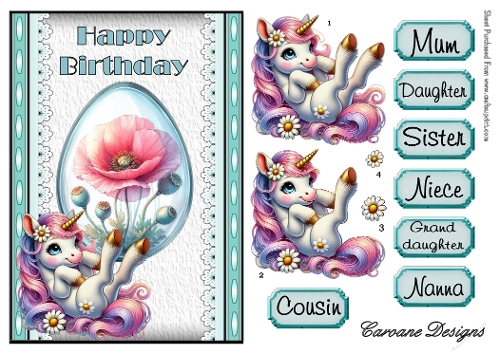 Unicorns and Flowers 2 - A5 inch card front with decoupage  