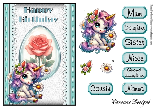 Unicorns and Flowers 4 - A5 inch card front with decoupage  