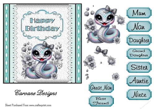 Sassy Snakes 1 - 6x6 inch card front with decoupage  