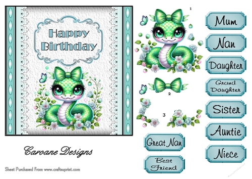 Sassy Snakes 2 - 6x6 inch card front with decoupage  