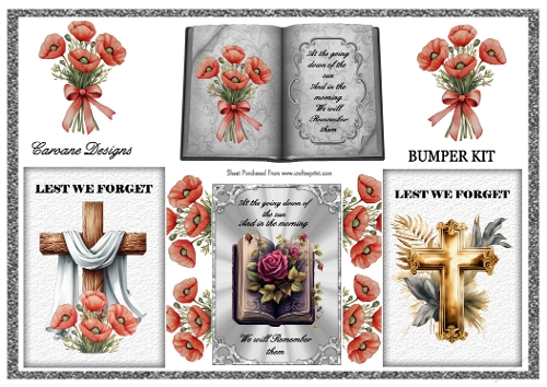 Remembrance Day Bumper Kit 82 - 9 page bumper kit - card fronts, decoupage, inserts, made by boxes, images for back of card, preview