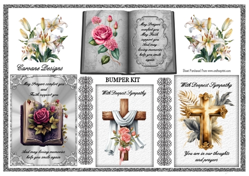 Floral Sympathy Bumper Kit 83 - 9 page bumper kit - card fronts, decoupage, inserts, made by boxes, images for back of card, preview