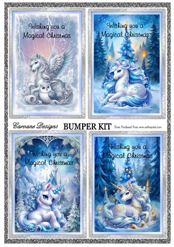 A Unicorn for Christmas Bumper Kit 84 - 9 page bumper kit - card fronts, decoupage, inserts, made by boxes, images for back of card, preview